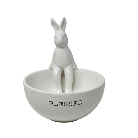 Mud Pie Blessed White Ceramic Bunny Bowl Easter Farmhouse Candy Trinket Dish - Picture 1 of 11